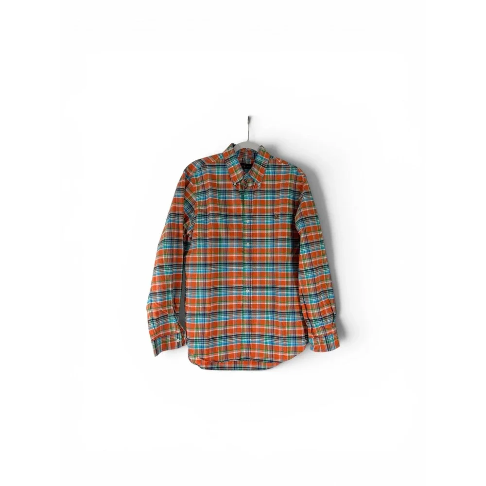 Polo Ralph Lauren Mens Orange Teal Plaid Button Down Shirt L‎ Cotton Long Sleeve